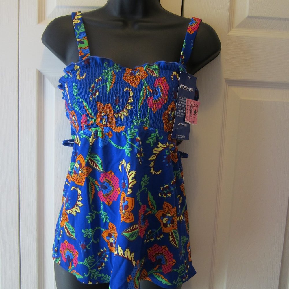 Inches Off Swimwear Tankini Top sz 12 Bright Blue Floral NWT